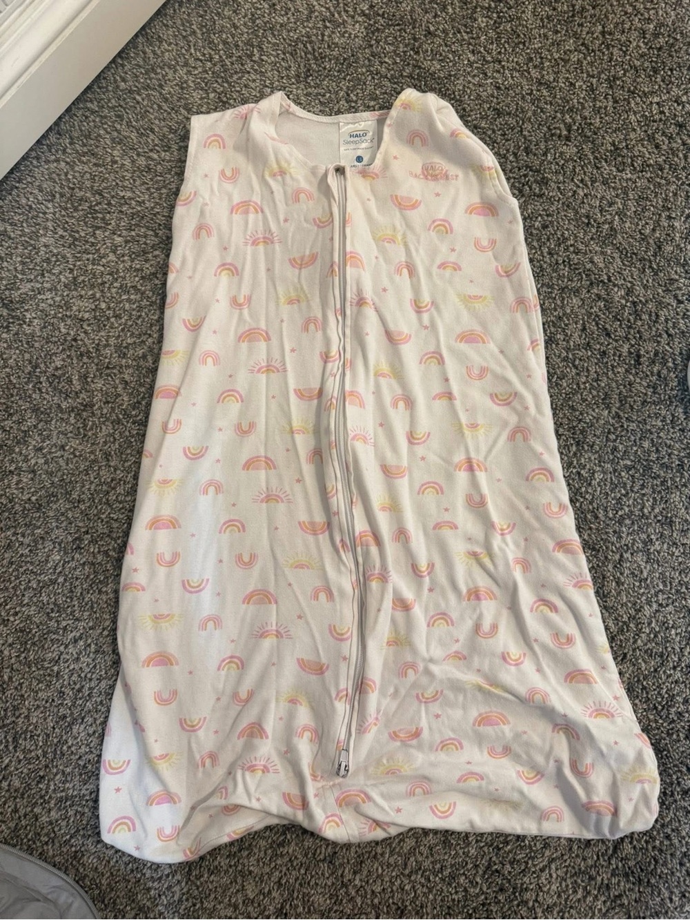 Halo Cream Sleep Sack with Pastel Pink and Yellow Rainbows